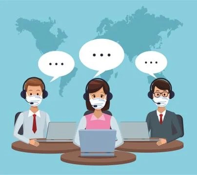 Call center support workers wearing medical mask Illustrazione stock