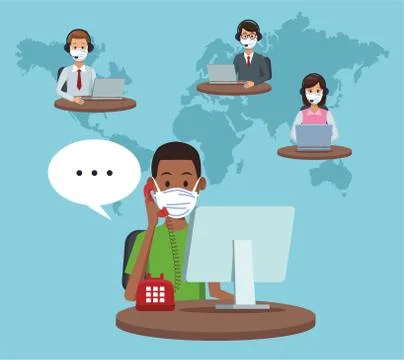 Call center support workers wearing medical mask Illustrazione stock