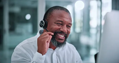Call center, talking and black man in office on computer for help, financial Stock Footage 336306302