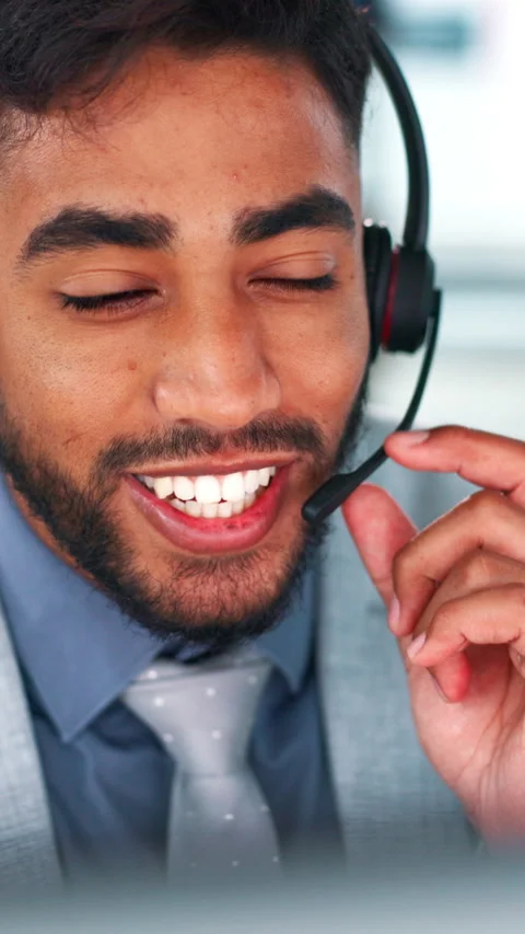 Call center, talking and man in office with computer, financial support and Stock Footage 333374926