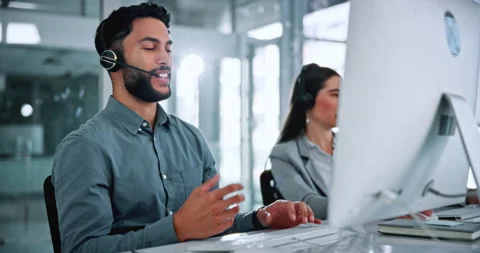 Call center, talking and man in office on computer for financial consultant Stock Footage 336307796