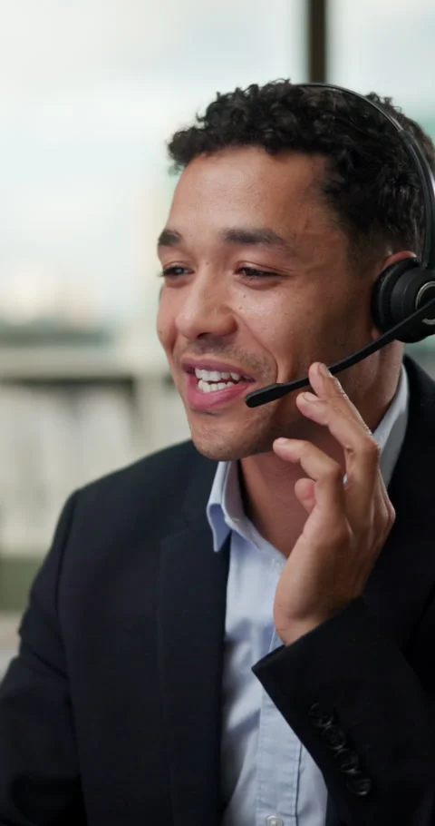 Call center, talking or man in office with headset, fintech or investment advice Stock Footage 341074254
