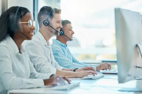Call center team, telemarketing and computer consulting, crm contact us and Stock Photos
