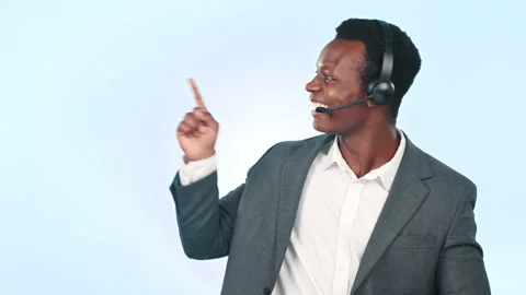 Call center, thinking black man and point at business solution, telemarketing 動画素材 251782743