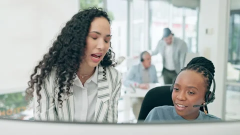 Call center, training and consultant women on computer for technical support or Stock Footage 246574967