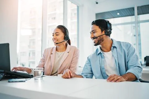 Call center, training with manager and help, laptop and support with CRM process Stock Photos