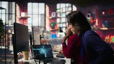 Call center worker arriving at work, using artificial intelligence on laptop Video stock 305401390