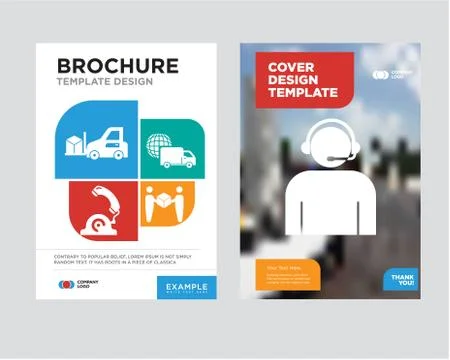 Call center worker with headset brochure flyer design template Stock Illustration
