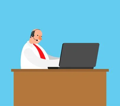 Call center worker isolated. man with headset sits at computer and helps cl.. Stock Illustration