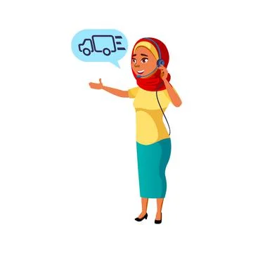 Call center worker lady talking with client about order delivery cartoon vect Stock Illustration