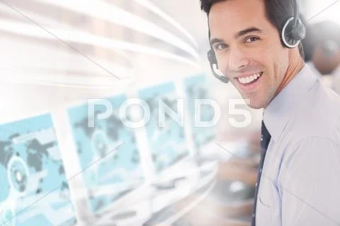 Call center worker using futuristic interface hologram Stock Photos