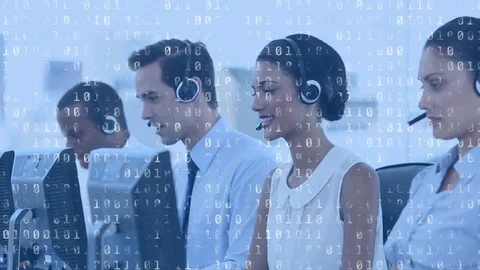 Call centre agents working and binary codes Stock Footage 107651884