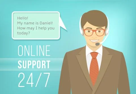 Call Centre Support Man with Headphones 스톡 일러스트