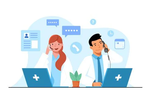 Call doctor concept. Doctors answer patient questions over the phone. Stock-Illustration