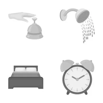 Call at the reception, alarm clock, bed, shower.Hotel set collection icons in Stock Illustration