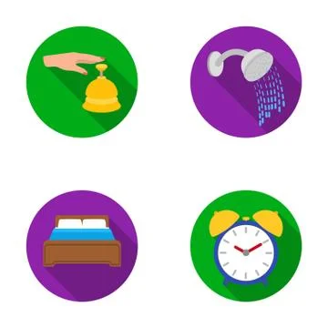 Call at the reception, alarm clock, bed, shower.Hotel set collection icons in Stock Illustration
