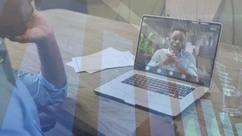 Call starting, remote speaker gesturing on laptop, seated man listening for Stock Footage 332289299