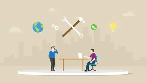 Call technical support with men two people calling with wrench icon and city  Stock Illustration