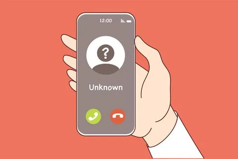Call from unknown caller on phone screen in person hand, for spam or unsolicited Stock Illustration