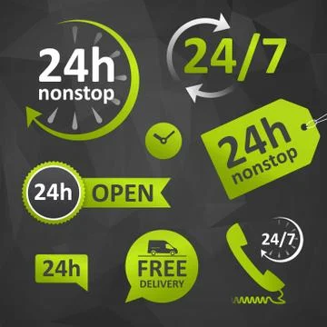 Call us, open hours, free delivery - twenty four hours icon. customer support イラスト素材