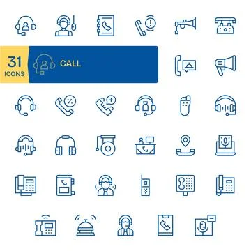 Call Vector Icon Toolkit featuring 35 Editable 64x64 Regular Line elements Stock Illustration