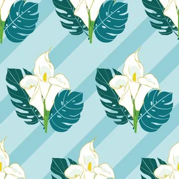 Calla flowers elegant seamless pattern on blue stripes Stock Illustration