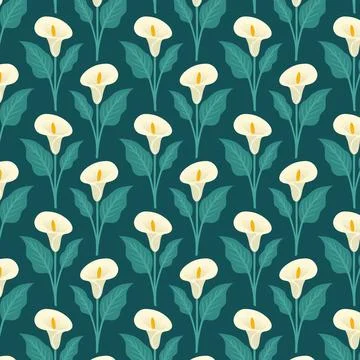 Calla Lily Floral Pattern with Leaves on Dark Background Illustrazione stock