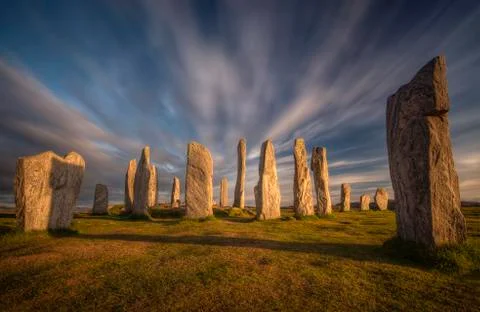 Callanish stones in sunset light, Lewis, Scotland Stock Photos
