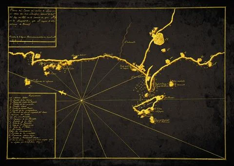 Callao and Lima, Peru Black And Gold Spanish Manuscript Nautical Chart from.. Stock Illustration