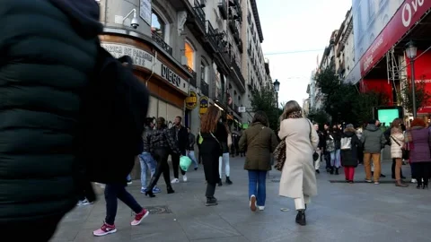 Calle de la Montera crowded with tourists in Madrid, Spain Stock Footage 166032283