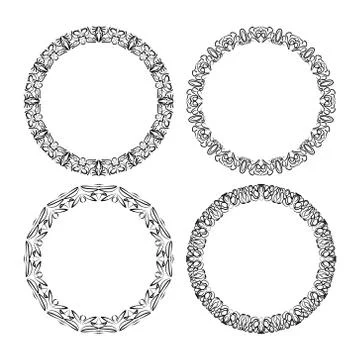 Calligraphic circle lace patterns, filigree round frame in monochrome design Stock Illustration