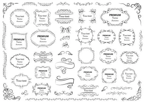 Calligraphic design elements . Decorative swirls or scrolls, vintage frames , Stock Illustration