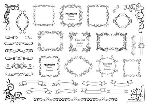 Calligraphic design elements . Decorative swirls or scrolls, vintage frames , Stock Illustration