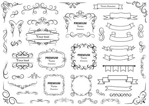 Calligraphic design elements . Decorative swirls or scrolls, vintage frames , Stock Illustration