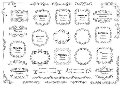 Calligraphic design elements . Decorative swirls or scrolls, vintage frames Stock Illustration