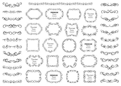 Calligraphic design elements . Decorative swirls or scrolls, vintage frames , Stock Illustration