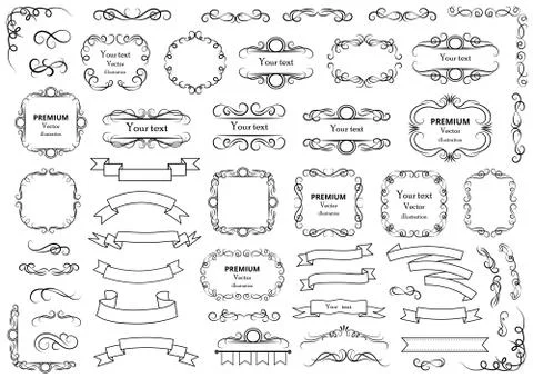 Calligraphic design elements . Decorative swirls or scrolls, vintage frames , Stock Illustration
