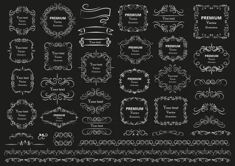 Calligraphic design elements . Decorative swirls or scrolls, vintage frames , Stock Illustration