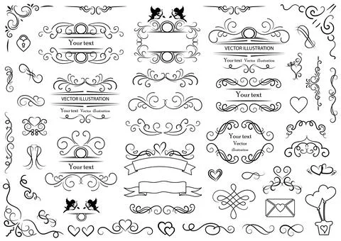 Calligraphic design elements . Decorative swirls and scrolls, vintage frames 스톡 일러스트
