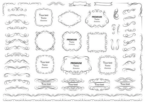 Calligraphic design elements . Decorative swirls or scrolls, vintage frames , 스톡 일러스트