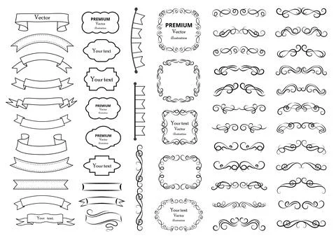Calligraphic design elements . Decorative swirls or scrolls, vintage frames Stock Illustration