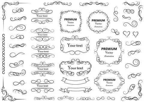 Calligraphic design elements . Decorative swirls or scrolls, vintage frames , Stock Illustration