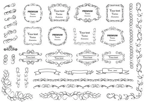 Calligraphic design elements . Decorative swirls or scrolls, vintage frames , Stock Illustration