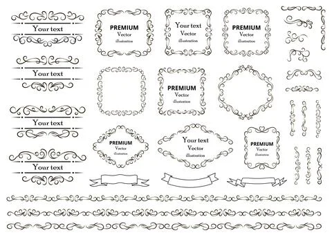 Calligraphic design elements . Decorative swirls or scrolls, vintage frames , イラスト素材