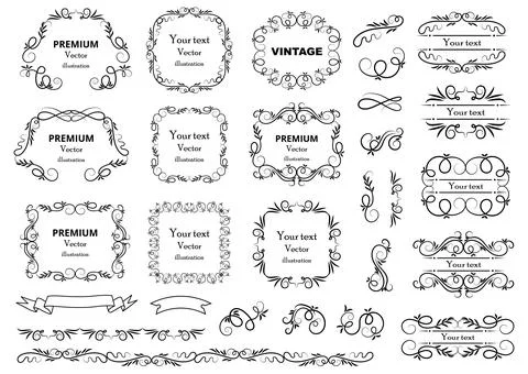Calligraphic design elements . Decorative swirls or scrolls, vintage frames , Stock Illustration