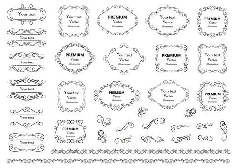 Calligraphic design elements . Decorative swirls or scrolls, vintage frames , 库存插图