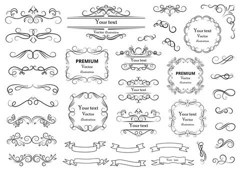 Calligraphic design elements . Decorative swirls or scrolls, vintage frames Stock Illustration