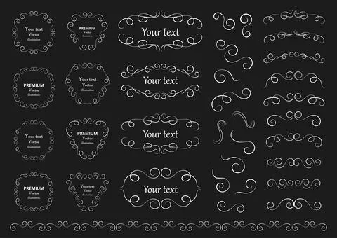 Calligraphic design elements . Decorative swirls or scrolls, vintage frames , イラスト素材