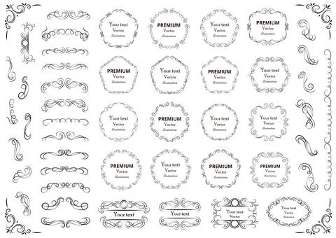 Calligraphic design elements . Decorative swirls or scrolls, vintage frames , Stock Illustration