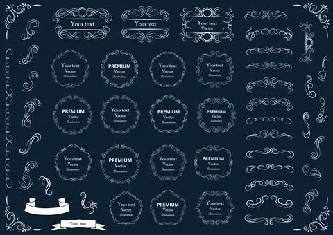 Calligraphic design elements . Decorative swirls or scrolls, vintage frames , Stock Illustration